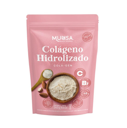 COLAGENO HIDROLIZADO  Munsa Doypack x 240gr x 1 und Cuida tu piel, articulaciones y bienestar general con el Colágeno Hidrolizado Munsa sabor a vainilla, un suplemento en polvo diseñado para apoyar la regeneración de tejidos y mantener una apariencia s