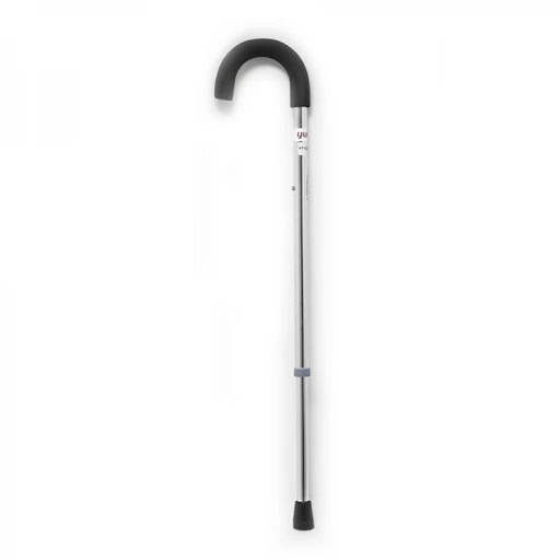 Bastón Anoizado Mango Curvo Silver Graduable YUWELL Individual x 1 Bastón en aluminio anoizado mango curvo graduable en altura ultraliviano. Ayuda al paciente a mantener el equilibrio brindando soporte durante la marcha.