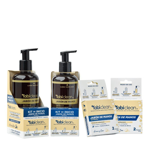 Combo Manos Limpias TABI CLEAN rinde 2.1 litros TABI CLEAN COLOMBIA Contiene 2 kits de inicio de Jabon de Manos + 2 cajas de repuestos. Un total de 6 tabletas equivalentes a 2.1 litros x 1 Contiene 2 kits de inicio de Jabon de Manos + 2 cajas de repuestos. Un total de 6 tabletas equivalentes a 2.1 litros