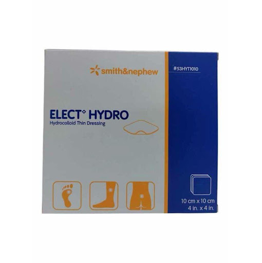 ELECT HYDRO BORDER 10X10 CM SMITH Smith & Nephew UND x 1 Apósito hidrocoloide estéril, hipoalergénico y absorbente, diseñado para proporcionar un ambiente húmedo de cicatrización. Su capa autoadhesiva está recubierta con una película de poliuretano, lo que 