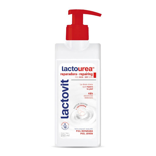 Crema Corporal Lactovit Lactourea reparadora  x 250 mL LACTOVIT Frasco x 1 Und Leche corporal REPARADORA con 10% de Lactourea, complejo con Ácido Láctico, ingrediente que potencia la hidratación de la piel y Urea Pura, humectante natural recomendado por dermatólogos para el trat