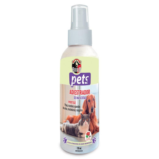 Adiestrador Mascotas Búfalo Pets X 120 mL Búfalo Frasco con Válvula spray x 1 Und Ayuda a mejorar la conducta de su mascota, alejándola de muebles, alfombras, guarda escobas y demás áreas a proteger de mordeduras, daños y/o concentración de orina y heces fecales.
