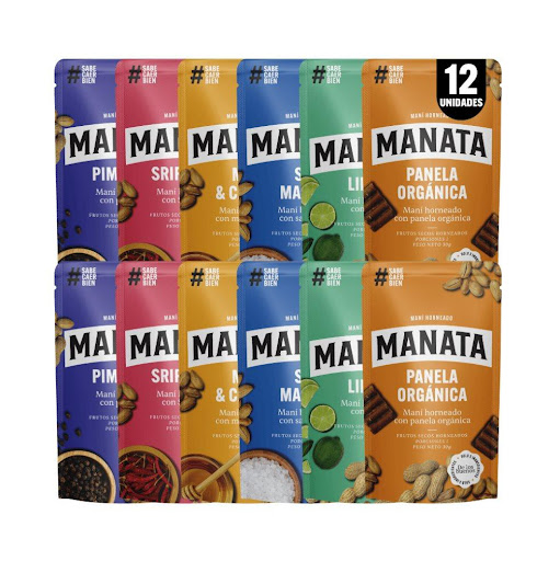 Multipack Maní Horneado Manata Manata Display  x 12 12 paquetes de maní horneado que sí te caen bien de 30 g c/u (total 360 g). Sin aceites añadidos, no te inflama. Sabores surtidos: limón, pimienta, miel & canela, panela orgánica, sal marina y Srirach