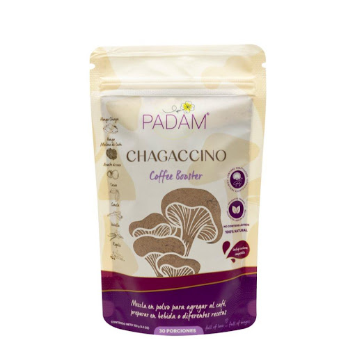 Chagaccino  Padam Doypack x 100gr x 1 und Chagaccino PADAM mejora las funciones cognitivas, protege células y tejidos, refuerza el sistema inmune, favorece la salud del corazón, reduce el colesterol y estrés. Además ayuda a mejorar la aparien
