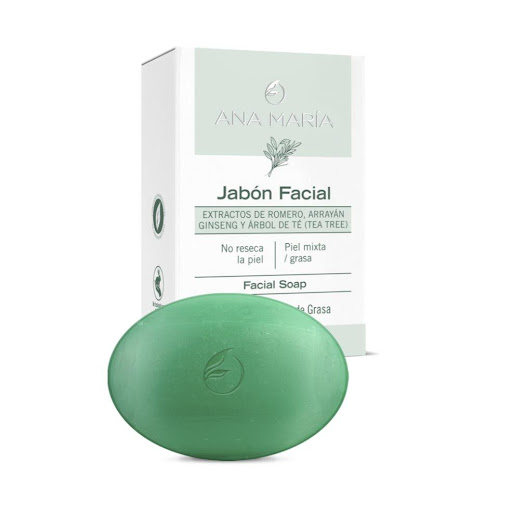JABON ANA MARIA FACIAL BARRA X 35 G ANA MARIA BARRA x 1 UND Elaborado con extractos de Romero, Arrayán, Ginseng y Árbol de Té (tea tree). Por su alto poder humectante y su suave formulación, no reseca la piel. Controla el exceso de grasa.