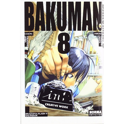Bakuman No. 8 Editorial Norma Libro x 1.0 BAKUMAN. 08   Autores:Takeshi Obata, Tsugumi Ohba  Colecciones:CÓMIC MANGA  Editoriales:NORMA Editorial  Series:BAKUMAN  ISBN 9788467906745 Fecha de venta 28/10/2011 Formato Tapa blanda con sobrecubie