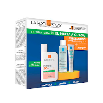 Pack Protector Solar Anthelios Oil Control Fluido Con Color x 50 ml + Effaclar Duom x 15 ml + Agua Micelar x 50 ml  