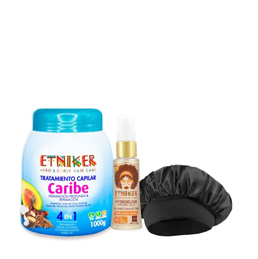 KIT RIZOS AL ATAQUE ETNIKER 1000 x 2 El Kit Rizos al Ataque ETNIKER es un conjunto de productos diseñados para el cuidado del cabello rizado, afro y ondulado. Este kit incluye un Hidroelixir Etniker de 38mL y un tratamiento capilar de 10
