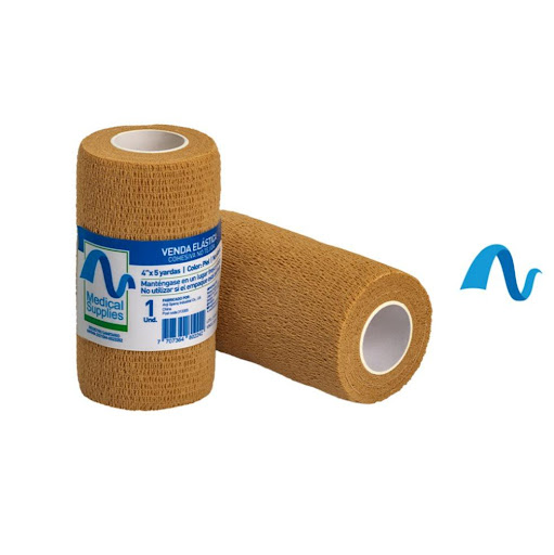 Venda Elastica Cohesiva de 4"x4.5 Mts Color Piel  Medical Supplies  Pte x 2  x 2 Venda elástica cohesiva de 4” x 4.5 m color piel l, autoadherente y flexible. Brinda soporte y compresión sin necesidad de ganchos, no se adhiere a la piel y es ideal para uso médico, deportivo y vete