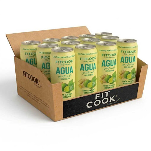 Pack Agua gasificada con inulina Limón jengibre hierbabuena Fitcook By Mary Mendez 310 ml x 12 und es un agua carbonatada ligera que combina inulina como fuente de fibra prebiótica con extracto y sabores naturales de limón-jengibre-hierbabuena. Su formulación sin azúcar ofrece un perfil suave, refr