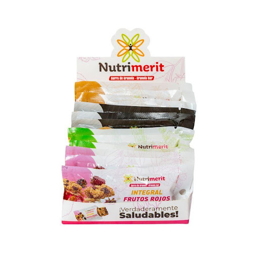 Barra de Granola Sabores Surtidos  Nutrimerit Caja x 12 Caja por 12 unidades de Barras de Granola con sabores surtidos Nutrimerit por 360g. Incluye una selección de los mejores sabores: Cacao Almendras, Integral Frutos Rojos, Proteína Quinua y Colágeno Ama