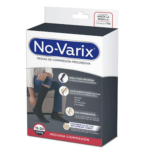 Media de compresión No-Varix hombre 15-20 mmHg  hilos de cobre negro S No- Varix  x 1 Estas medias son de uso casual, semiformal y formal. Contiene hilos con nano-tecnología que incorpora las propiedades del cobre: Ayudan a prevenir el pie de atleta, el mal olor y la humedad. Eliminan 