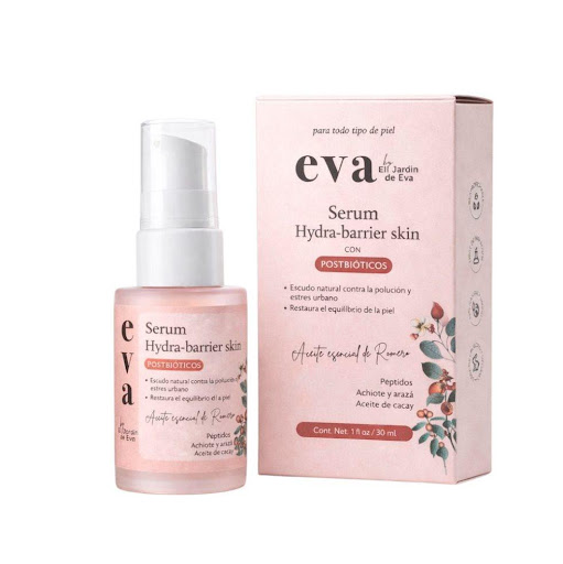 Sérum barrera hidratante anti-polución x 30 ml El Jardin de Eva frasco x 1 Hydra Barrier Skin combina péptidos + postbióticos + antioxidantes botánicos (achiote y arazá) para fortalecer la barrera cutánea y proteger la piel del estrés ambiental y la polución urbana.