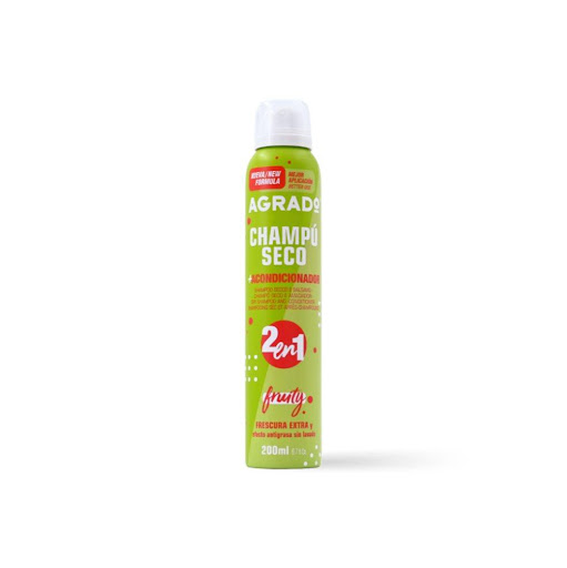 Champú Seco Spray Frutal Agrado 200 ml AGRADO SPRAY x UND Refresca tu cabello en cualquier momento con el Champú Seco Spray Fruity Agrado 200 ml. Su fórmula limpia el cabello al instante sin necesidad de agua, ayudando a absorber el exceso de grasa mientras 