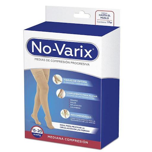 Media al muslo No-Varix 15-20 mmHg  transparente banda siliconada beige L No- Varix  x 1 Estas medias son ideales para combinar con prendas ejecutivas y formales, son estéticas y elegantes, con apariencia velada y transparente. Ideales para usar si realizas labores donde permaneces mucho 