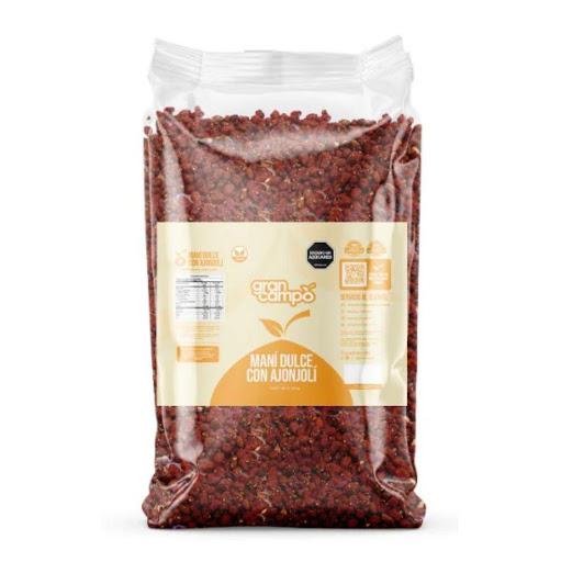 Maní Dulce con Ajonjolí Gran Campo Bolsa 1000gr Gran Campo Bolsa x 1000 gr Nuestro maní caramelizado es una irresistible tentación para los amantes de los sabores dulces y salados. Cada grano de maní está recubierto con una capa de caramelo crujiente y un toque de ajonjolí t