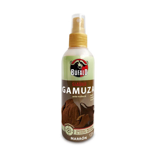 Betún Búfalo Gamuza Atomizador Marrón X 110 CM3 BÚFALO Frasco x 1 Und Mejora el color y devuelve la apariencia original al calzado de gamuza, ante y nubuk, con su práctico aplicador, logrará que sus zapatos luzcan impecables por más tiempo.