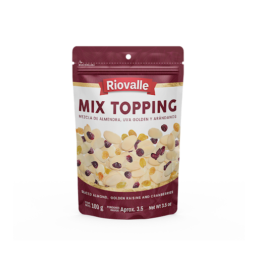 Mix Topping Frutos Secos Riovalle Megamarket Bolsas Doypack x 1 Mix Topping Frutos Secos RIOVALLE X 100 Gr, combinación crocante ideal para complementar yogur, postres y ensaladas. Listo para consumir, aporta textura y energía en cada porción. RIOVALLE garantiza c