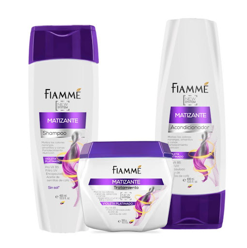 Kit capilar Fiamme Matizante violeta shampoo 400 ml + acondicionador 400 ml + tratamiento 300 g Fiamme frascos x 3 