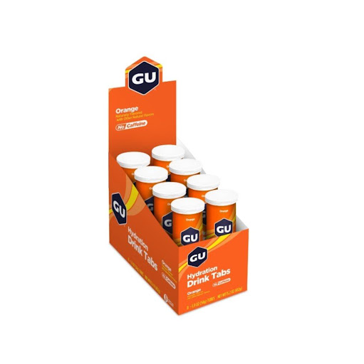 Discos Hidratantes. Sabor Naranja sin cafeína. Caja x 8 tubos GU Caja x 8 tubos (Tubo x 12 pastillas) x 8 Discos Hidratantes:

Sabor:  Naranja sin cafeína

Características:

Energía:  Endulzado con Stevia

Calorías x disco: 10

Sodio x disco:  320 mg

Potasio: 55 mg

Cafeína:  No