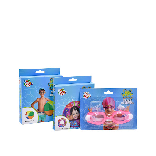 Kit De Natación Gafas + Pelota + Flotador Dona Para Niña Toy Logic Caja x  Gafas de piscina con correa ajustable Lentes en plástico de alta resistencia con filtro azul Bucea o nada en la piscina sin irritaciones o molestias en los ojos, Rango de visión amplio  Pelota de pisc