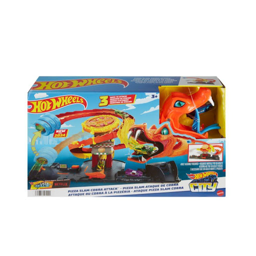 Hot Wheels City Pista Ataque De Cobra Vs Pizzería Hot Wheels  x 1 Combina una temática urbana con un desafío animal. Incluye una cobra gigante que protege la pizzería y varias zonas de acción que pueden activarse con los vehículos.
