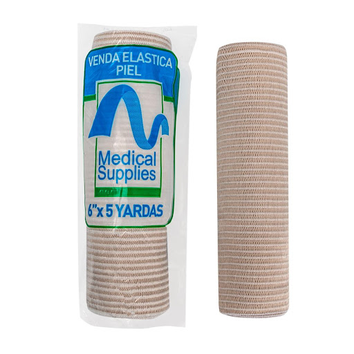VENDA ELASTICA PIEL 6X5 (PAQ X3) MEDSUP PAQUETE x 3 Venda elástica color piel de 6 pulgadas por 5 yardas, fabricada en tejido de poliéster con hilos de algodón y caucho natural. Es liviana, anatómica, transpirable, lavable y reutilizable. Proporciona c