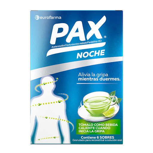 Acetaminofén + Fenilefrina + Clorfeniramina 500mg/10mg/2mg Pax Noche Eurofarma Caja x 6 Sobres