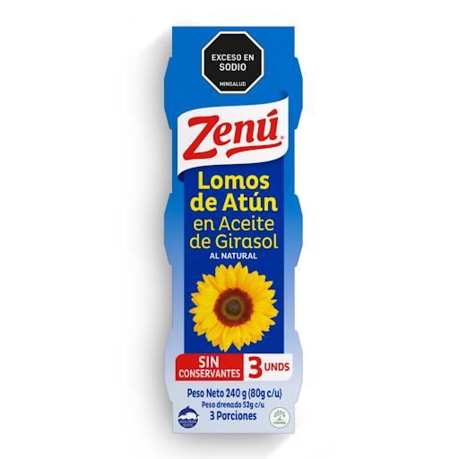 Pack Lomo Atún Zenú en aceite de Girasol x 80 gr Zenú Lata x 3 Delicioso lomo de atún sin conservantes en aceite de girasol, un alimento nutritivo con ingredientes que te proporcionan una alta fuente de proteína, omega 3, vitaminas, minerales. Presentación Prácti