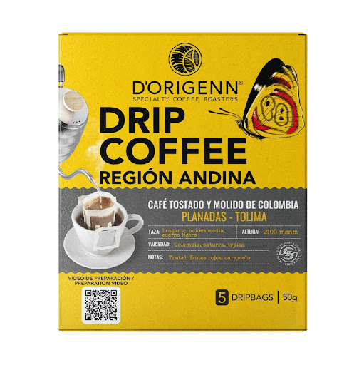 DRIP COFFEE DORIGENN ANDINA 50 GRM D-ORIGENN CAJA x 1 Una práctica manera de preparar tu café de especialidad en casa, por medio del método de goteo puedes degustar tu café individual con tan solo colocar tu Drip en tu taza, añadir agua caliente a punto 