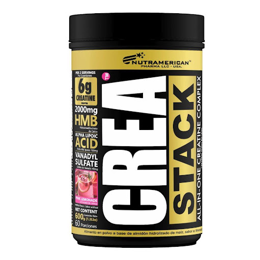 Crea Stack Limonada Rosada 1.3 LB Creatina NUTRAMERICANPHARMA Tarro x 1.3 Lb (600g) Crea Stack, es la última generación en suplementos con Creatina monohidrato. Su fórmula única en el mercado incluye HMB, así como ácido alfa lipoico y sulfato de vanadio en las cantidades óptimas, obt