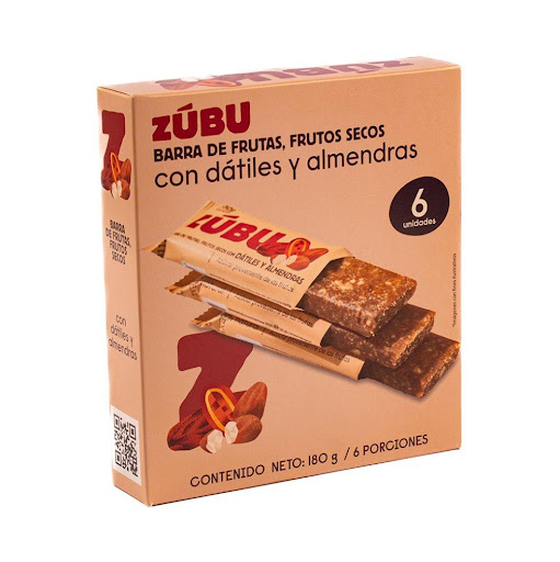BARRA DE FRUTOS SECOS CON DATILES Y ALMENDRAS ZUBU CAJA X 6UNIDADES x 6 Barra 100% natural de dátiles y almendras (30g), sin azúcares añadidos ni aditivos. Energía limpia y deliciosa para tu snack diario, antes o después de entrenar, en la oficina o en movimiento.