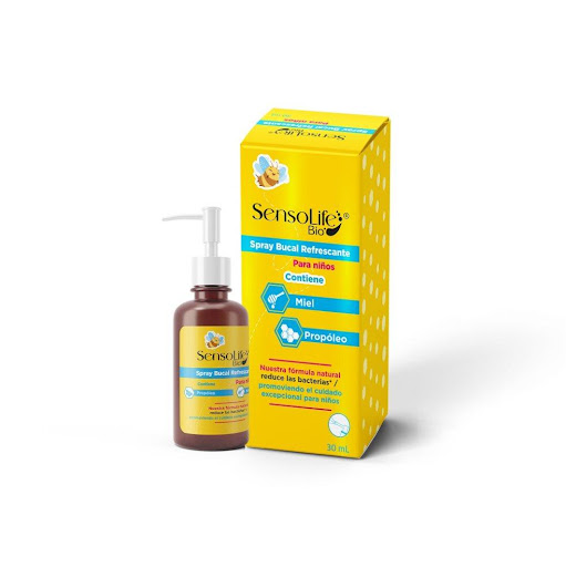 SENSOLIFE BIO SPRAY BUCAL PARA NIÑOS FRASCO x 30 ML SENSOLIFE BIO UNIDAD x 1 SPRAY BUCAL PARA NIÑO SENSOLIFE BIO SPRAY BUCAL PARA NIÑOS : 
Fórmula para los más pequeños. Libre de alcohol y parabenos, este spray a base de 
bioactivos apicolas como la miel que ayuda a reducir las bacterias de la cavi