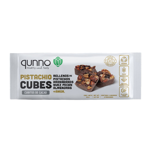 Cubos de Cacao Qunno con Pistacho, Arándanos y Nueces x 3 und