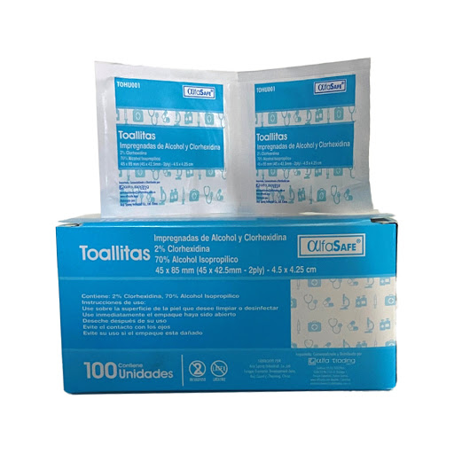 Toallitas Húmedas Alfasafe Alcohol 70% + Clorhexidina 2% Plegadiza Caja x 100 und