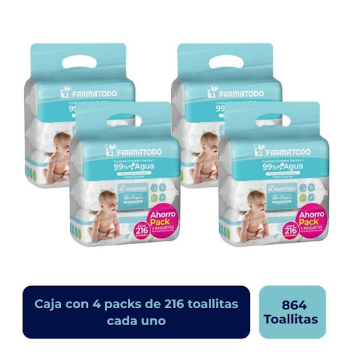 Toallitas Húmedas Farmatodo Bebé Premium 99% Agua Pack x 216 und.  Farmatodo Caja x 4 Elaborados con tecnología de rápida absorción y máxima retención de la orina, manteniendo al bebé seco y protegido de filtraciones. Su capa transpirable permite que el aire pase a través del pañal, se