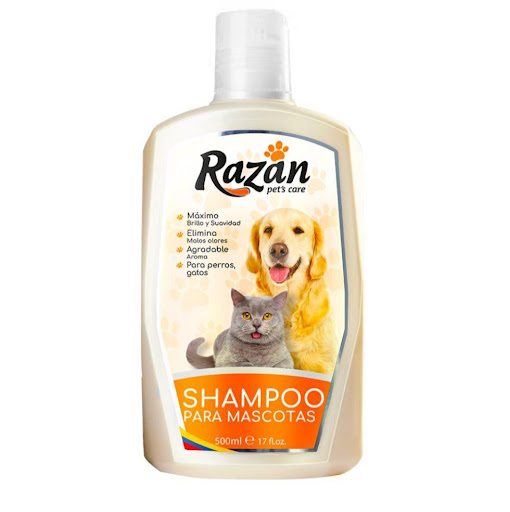 Shampoo para mascotas 500ml Razán frasco x 1 El mejor cuidado para el baño de perros y gatos que le dará una limpieza profunda y agradable aroma