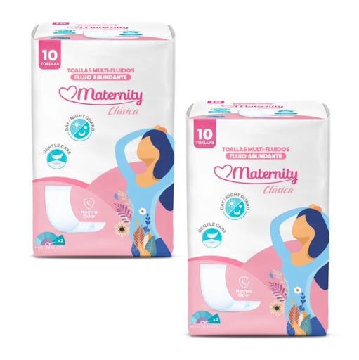 Toalla Higiénica Maternity Incluye 2 Paquetes Precio Especial Maternity Paquete x 10  Toallas higiénicas para mujeres con flujo menstrual abundante, para la etapa de posparto o para pequeñas pérdidas de incontinencia.
 Fórmula suave, cubierta tipo tela. 
 Gel ultra absorbente para 