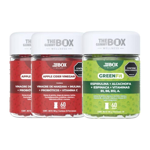 COMBO : Vinagre de manzana , fibra prebiótica e inulina. x2 + Batido verde en gomitas.  THE GUMMY BOX TARRO X 60 GOMITAS x 3 COMBO : Vinagre de manzana , fibra prebiótica e inulina. x2 + Batido verde en gomitas.
