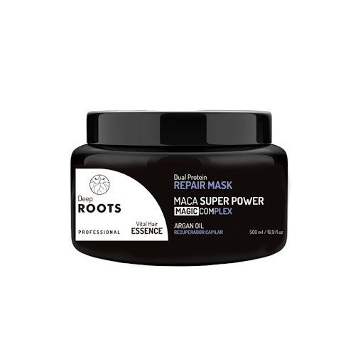Mascarilla Dual Protein Repair DEEP ROOTS CREMOSO x 500ML Ideal para todo tipo de cabello. Sus ingredientes hidratan profundamente, ayudan a recuperar cabellos maltratados y decolorados, fortalecen la fibra capilar y dejan un brillo intenso efecto espejo.