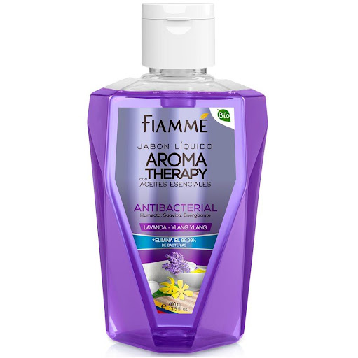 Jabón antibacterial aromatherapy lavanda ylang x400ml Fiamme frasco x 1 Jabón Líquido para manos y cuerpo; contiene Aloe Vera y Glicerina que hidratan, protegen la piel, imparten suavidad y emolientes que humectan la piel ayudando a evitar la resequedad.