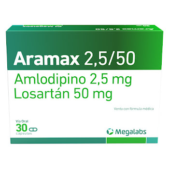 Aramax Amlodipino + Losartan 2.5mg/50mg Megalabs Caja x 30 Cápsulas  