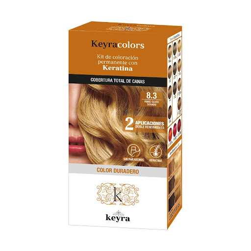 Tinte Keyra kit 8.3 Rubio Claro Dorado, Permanete con Keratina x 100 ml Keyra Colors Caja x 1