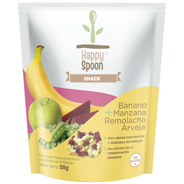 Pure Snack Happy Spoon   Mezcla de Frutas con Verduras Sabor a Banano + Manzana + Remolacha + Arveja, Paquete x 28Gr 