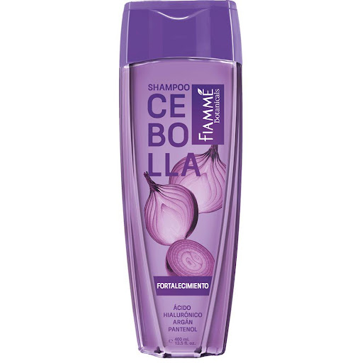 shampoo con cebolla x400ml Fiamme 400 x 1 Fortalece desde la raíz, reduce la caída, aporta grosor y brillo natural. Con ácido hialurónico, argán y pantenol. Contiene pétalos de extracto de cebolla