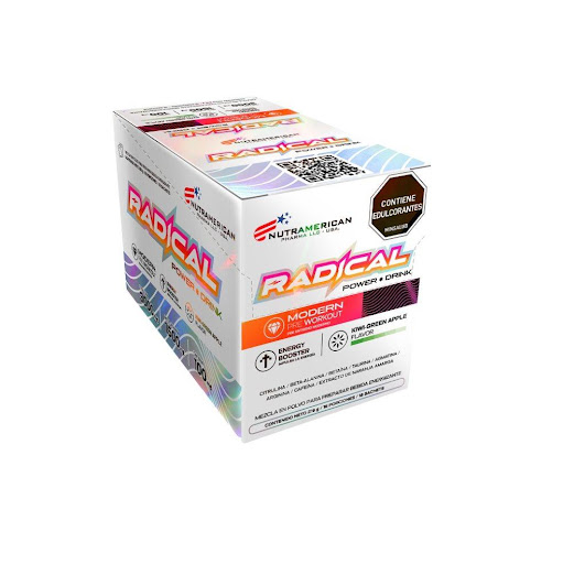 Radical Power Drink Pre-Workout Pre-entreno NUTRAMERICANPHARMA Caja x Caja X 18 Sobres 216 g x 12 g c/u) Radical Power Drink, es un pre-entreno innovador, diseñado para proporcionar un impulso de energía sostenida sin efectos adversos.