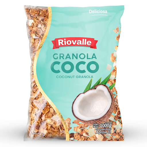 Granola Coco Tradicional Riovalle Megamarket Bolsas Doypack x 1 Granola Coco Tradicional RIOVALLE X 1000 Gr, mezcla crocante con hojuelas y coco natural. Ideal para desayunos y snacks, aporta energía y textura en cada porción. Perfecta con yogur, leche o frutas. R