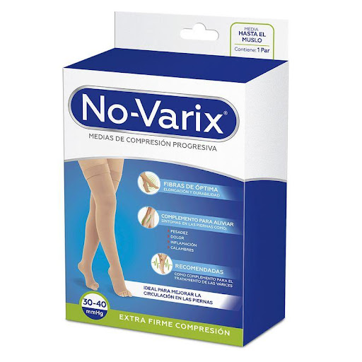 Media al muslo No-Varix 30-40 mmHg opaca puntera abierta beige XL No- Varix  x 1 Estas medias son ideales para combinar con prendas ejecutivas y formales, son estéticas y elegantes, con apariencia velada y transparente. Las medias de mediana compresión 15-20 mmHg No-Varix son reco
