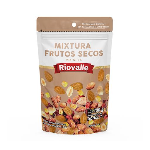 Mixtura de Frutos Secos Riovalle Megamarket Bolsas Doypack x 1 Mixtura de Frutos Secos RIOVALLE X 200 Gr, combinación equilibrada de nueces seleccionadas, crocantes y listas para consumir. Snack práctico y energético para cualquier momento del día. Ideal para com
