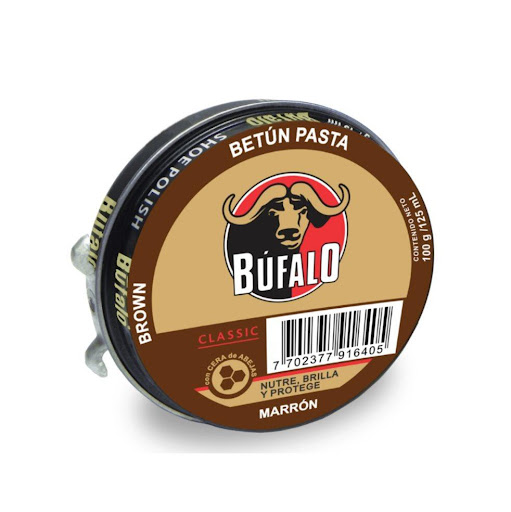 Betún Búfalo en Pasta Marrón X 100 Gr BÚFALO Lata x 1 Und Fórmula Alemana con cera de abejas de consistencia cremosa que renueva el color del calzado, nutriendo profundamente el cuero, dándole a su vez flexibilidad y una película impermeabilizante.

FORMAS D